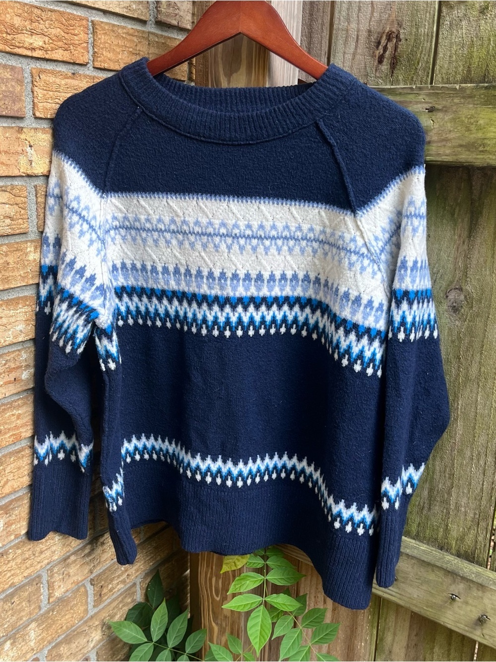 Aerie Oversized Navy and White Fair Isle Crewneck Sweater
